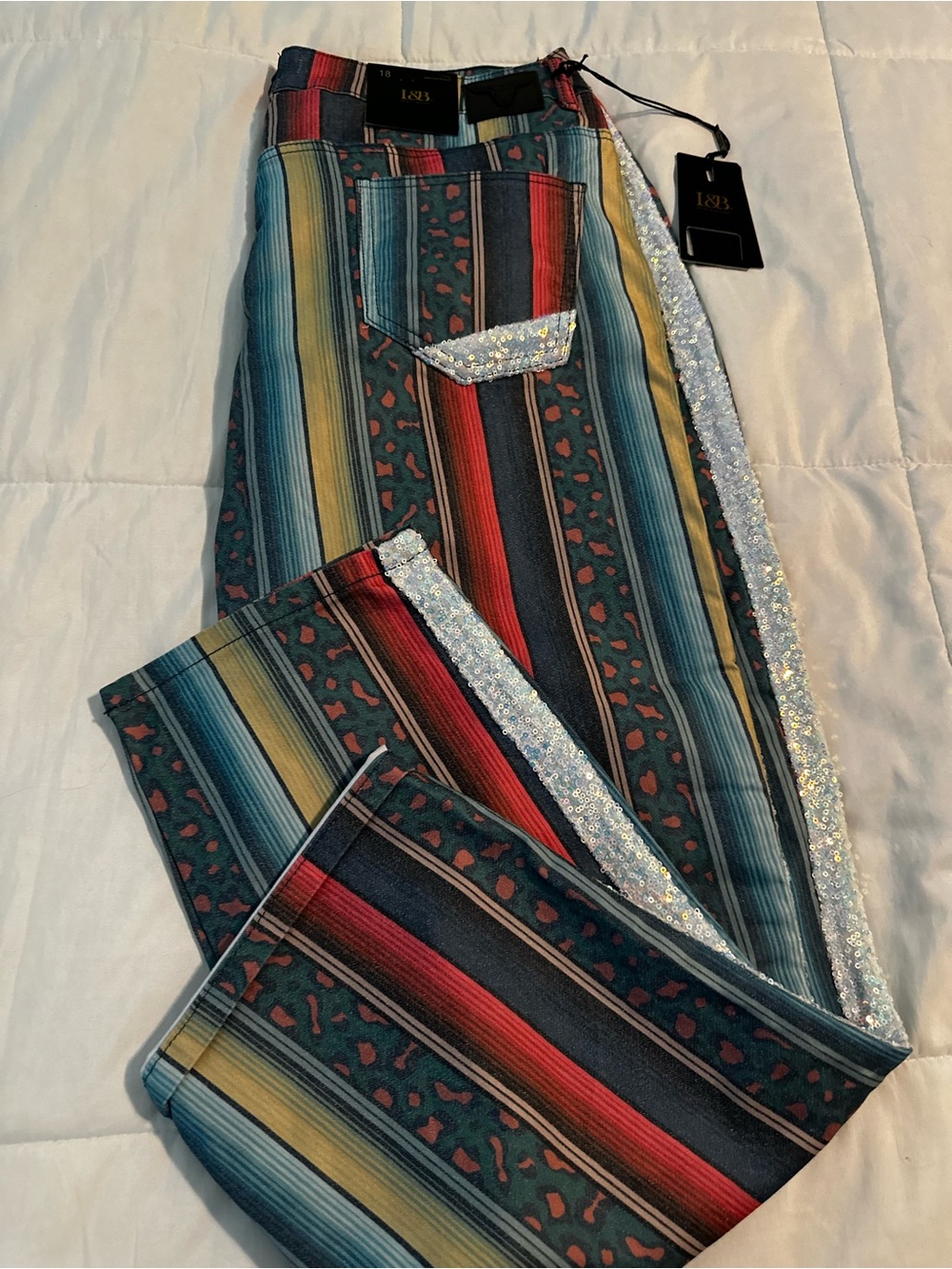 Colorful Striped Sequin-Trim Pants